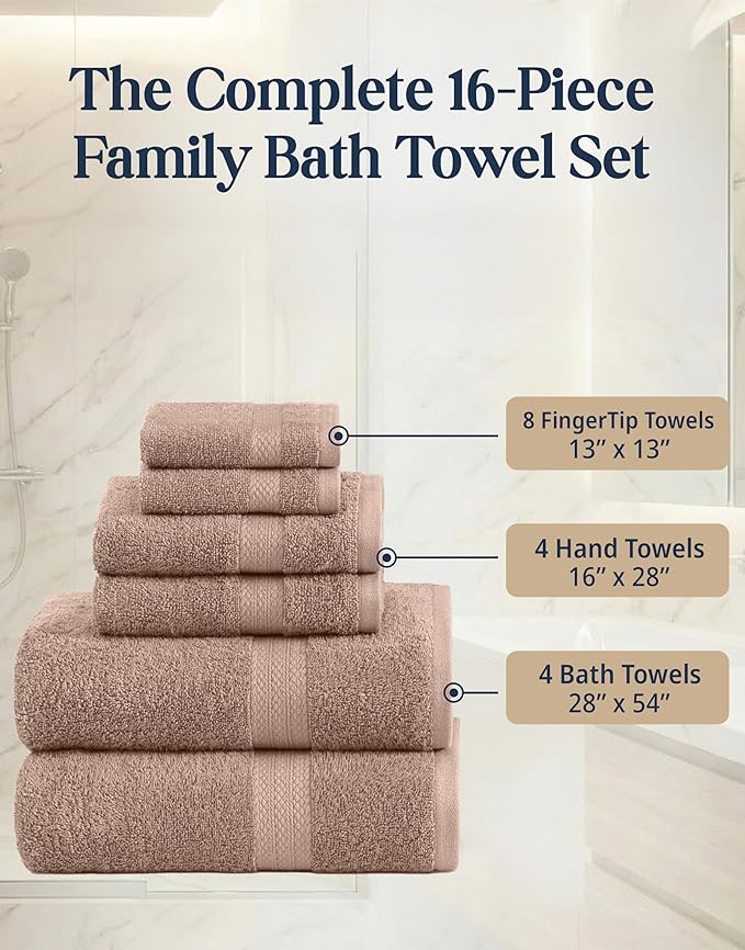 LANE LINEN 100% Mercerized Cotton Bathroom Towel Set - 16 Pieces - Fluffy, Super Soft & Highly Absorbent - 4 Bath Towels, 8 Washcloths, 4 Hand Towels - Ring Spun, Double Sided Cotton Terry - Taupe