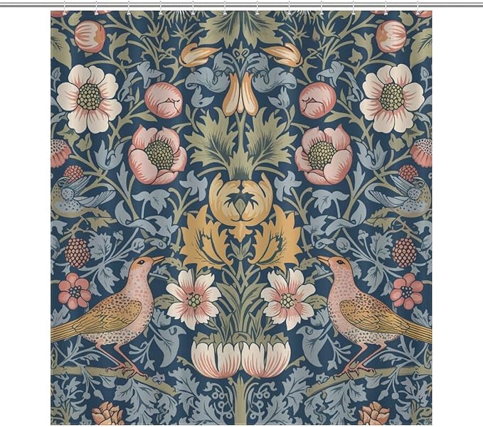 William Morris Shower Curtain,Original Design Vintage Flower Birds Elegant Animal Pattern Print Shower Curtains Sets Polyester Waterproof Fabric Decor Bathroom Curtain 72"×84" Inch With 12 Hooks