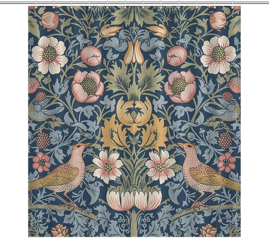 William Morris Shower Curtain,Original Design Vintage Flower Birds Elegant Animal Pattern Print Shower Curtains Sets Polyester Waterproof Fabric Decor Bathroom Curtain 72"×72" Inch With 12 Hooks