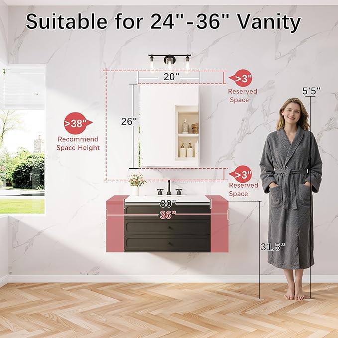 20x26 Medicine Cabinet with Mirror, 6 Adjustable Tempered Glass Shelves, Matte Black Aluminum Bathroom Storage, Soft-Close DTC Hinges, Surface or Recessed Mount, Tempered Beveled Mirror