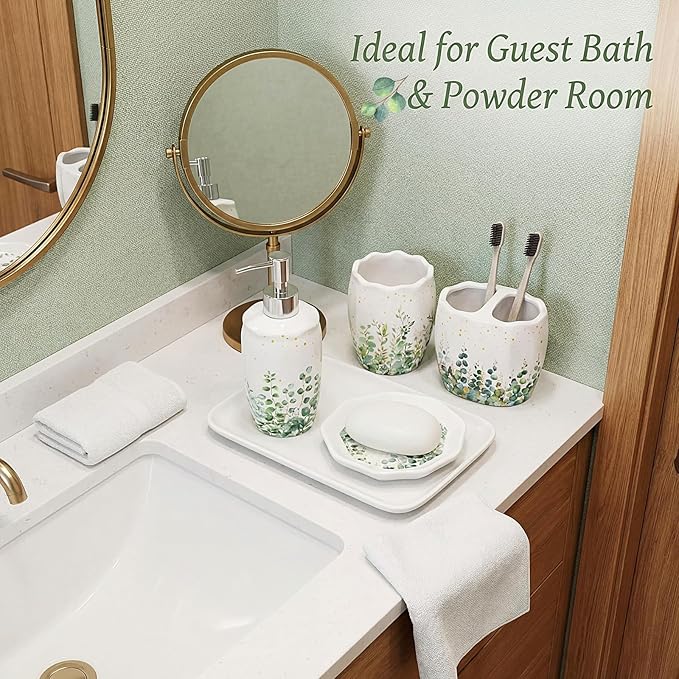Newtay Sage Bathroom Accessories Set 4 Piece, Ceramic Soap Dispenser with Pump, Toothbrush Holder, Tumbler Cup & Soap Dish, Botanical Greenery Countertop Decor, White with Gold Speckles