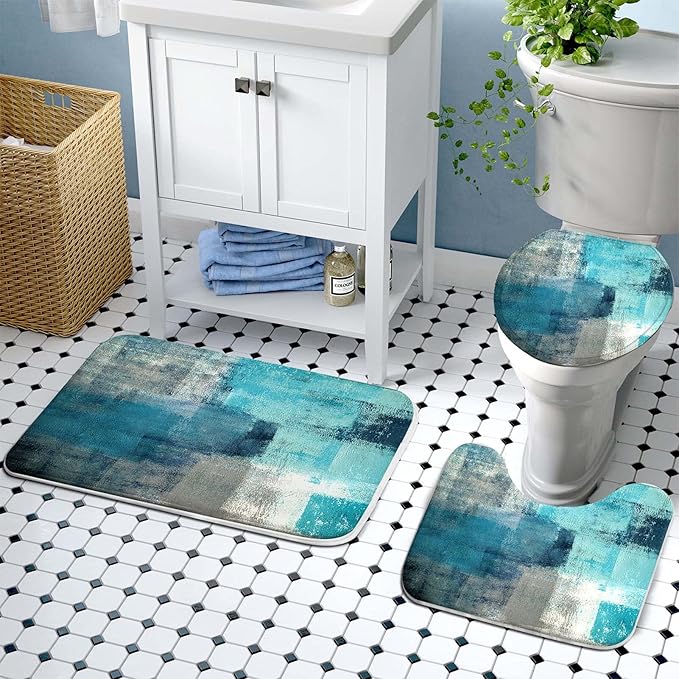 Lnond 4Pcs Bathroom Shower Curtain Sets with Rugs,Turquoise Abstract Painting Bathroom Sets with Shower Curtain and Rugs and Accessories