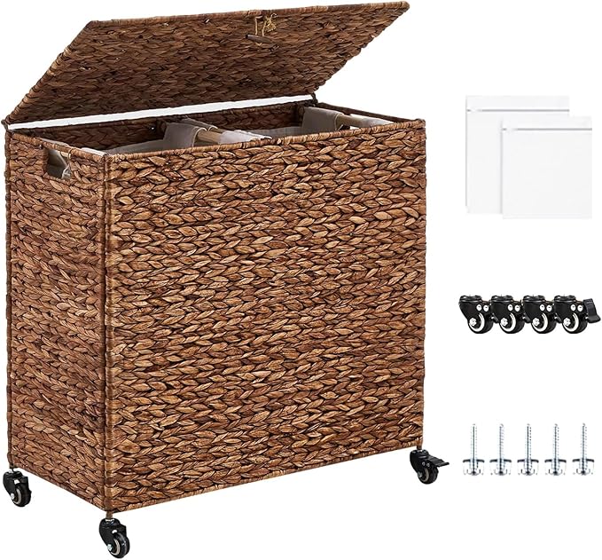 Hand-Woven Laundry Basket with Wheels, Natural Water Hyacinth Laundry Hamper with Lid,Removable & Machine-Washable Liner 2-Section Clothes Hamper for Bathroom and Laundry Room(120L,Espresso)