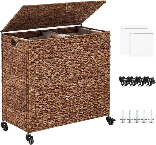 Hand-Woven Laundry Basket with Wheels, Natural Water Hyacinth Laundry Hamper with Lid,Removable & Machine-Washable Liner 2-Section Clothes Hamper for Bathroom and Laundry Room(120L,Espresso)