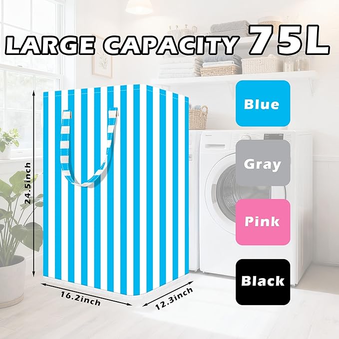 Large Laundry Basket ，75L Waterproof,Collapsible Laundry Hamper with Extended Handles for Clothes in the Family Dorm (Vertical Stripe Black，Blue，Grey，Pink)