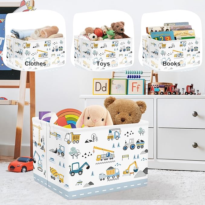 Cars Laundry Hamper Cartoon Vehicle Large Storage Basket Collapsible Parents Organizer Boy Toy Clothes Bins for Bedroom, Bathroom, Crane, 36L