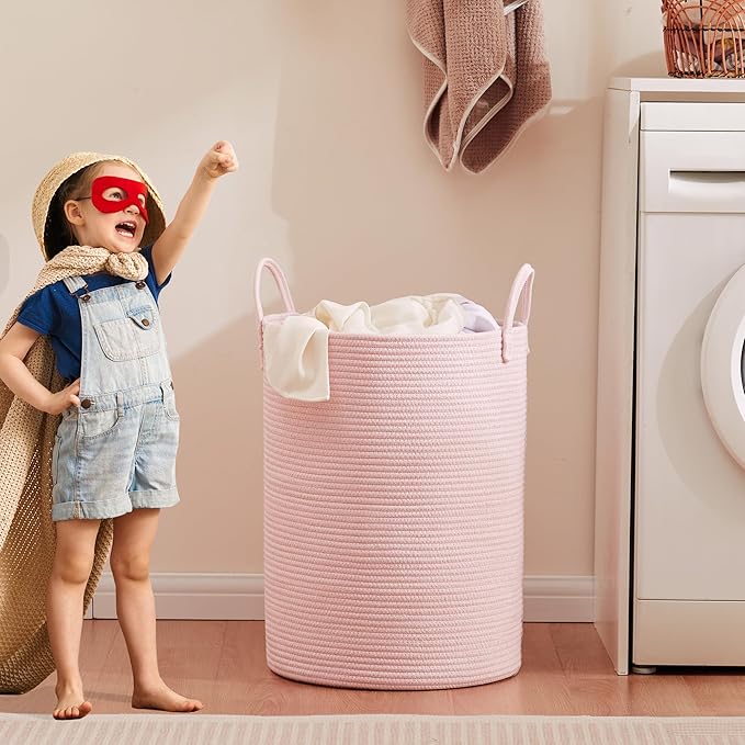 Large Pink Laundry Basket 15x20 Inches, 60L Woven Rope Hamper for Baby Girls and Kids, Nursery Storage Bin for Girls Room, Kawaii Bedroom Laundry Hamper