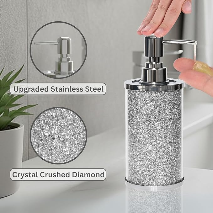Escenzy Crushed Diamond Glass Bathroom Accessories Set 3 Pcs | Silver Crystal Soap Dispenser and Toothbrush Holder Set with Tumbler | Modern Bathroom Accessory Set and Vanity Organizer