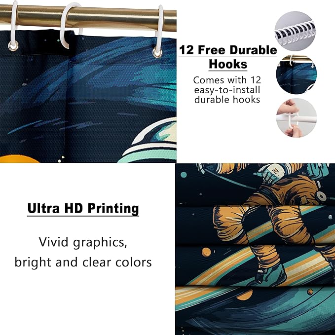 Poedist 4 Pcs Bathroom Shower Curtain Set,Kid's Bathroom Set, Space Shower Curtain Sets with Rugs(Bath Mat,U Shape and Toilet Lid Cover Mat) and 12 Hooks