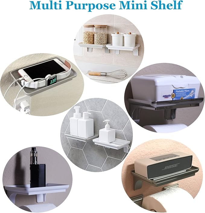 Wonder Shelf ?€? Small Adhesive Floating Wall Shelf for Bathroom, Over Toilet Paper Holder Mini Storage Rack for Phone, Wipes, Tablet, or D??cor (1, Gold with Holes)