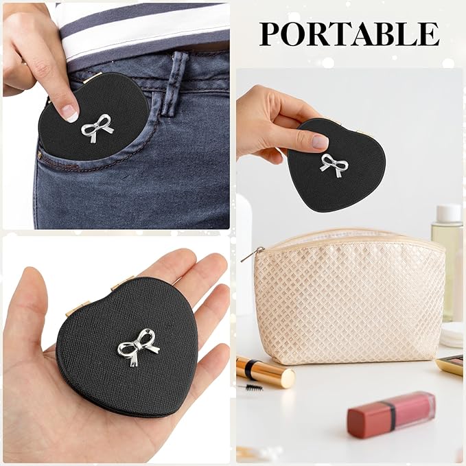 Qianyu Compact Folding Heart Shaped Double-Sided 1X/2X Magnifying Mini Glitter Makeup Mirror with PU Leather for Women Home, Office and Travel (Gold)