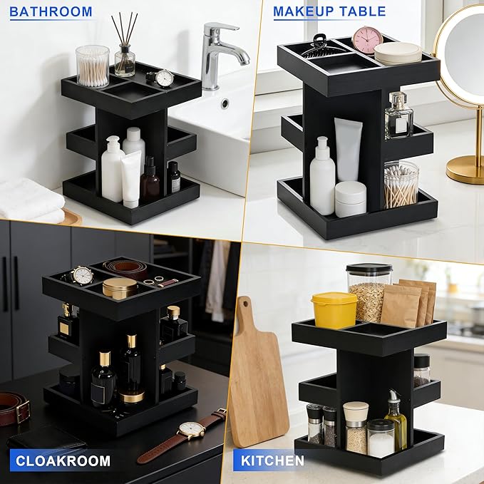 Top-spring Cologne Organizer for Men Men's Cologne Stand 360° Rotating Wood Perfume Organizer 3 Tier Wooden Perfume Shelf Display Holder for Dresser Desk Organizer, Black Organizador de Perfumes
