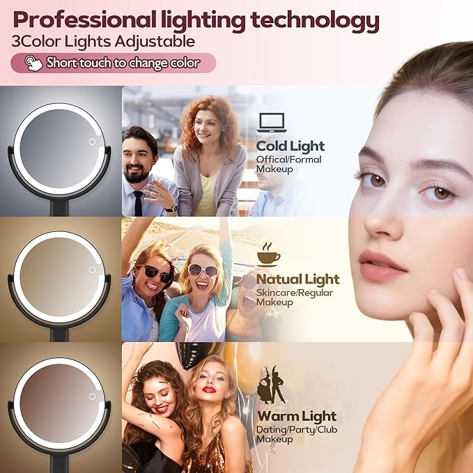 MOMOKUBA Makeup Mirror with Lights, 30X Magnifying & Height Adjustable, Lighted Magnifying Mirror with 3 Light Modes and Stepless Dimming, Vanity Mirrors for Bathroom, Birthday Gift for Women, Black