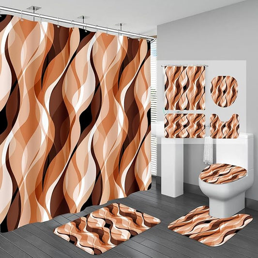 4PCS Orange Abstract Shower Curtain Sets with Rugs, Striped Bathroom Sets with Shower Curtain and Rugs, Modern Bathroom Curtains Shower Set with Toilet Lid Cover for Luxury Bathroom Decor