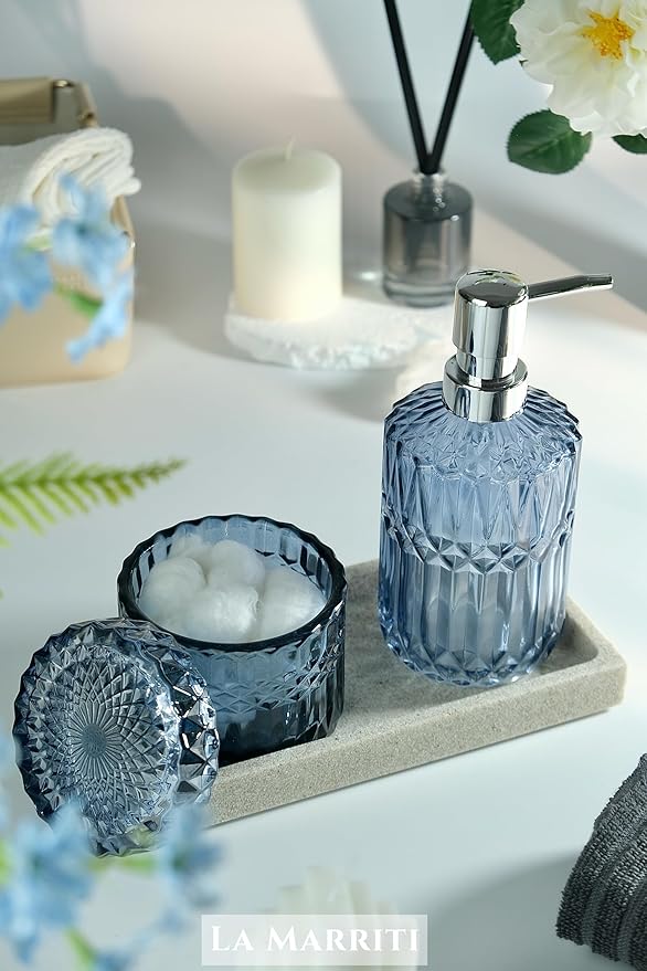 LaMarriti Blue Bathroom Accessories Set, 4Pcs Clear Glass Bathroom Decor Set, Lotion Soap Dispenser, Toothbrush Holder, Qtips Holder, Soap Dish for Crystal Modern Bath Decor, Gift Set
