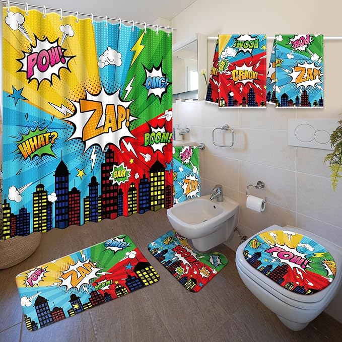Nuanchu 6 Pcs Hero Themed Shower Curtain Set with Rug Bathroom Sets with Shower Curtain Bath Mat U Shaped Mat Toilet Lid Cover 2 Bath Towels and 12 Hooks Hero Themed Bathroom Decor