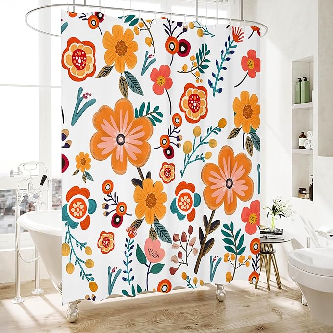 HMS Happy Memories Bohemian Plant Boho Floral Print Shower Curtain, Polyester Fabric Cloth for Bathroom Decor 72×72 Inch Standard Size with 12 Hooks, Also as Room Divider (White Orange Floral)