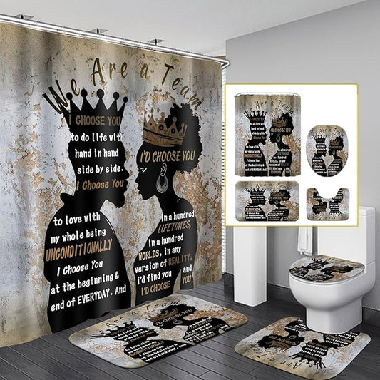 4Pcs Black Man Women Shower Curtain Set with Rugs Toilet Lid Cover Bath Mat, Valentine's Day Romantic Couples Bathroom Decor Sets with Shower Curtain and Hooks, Waterproof Fabric King Queen Sets