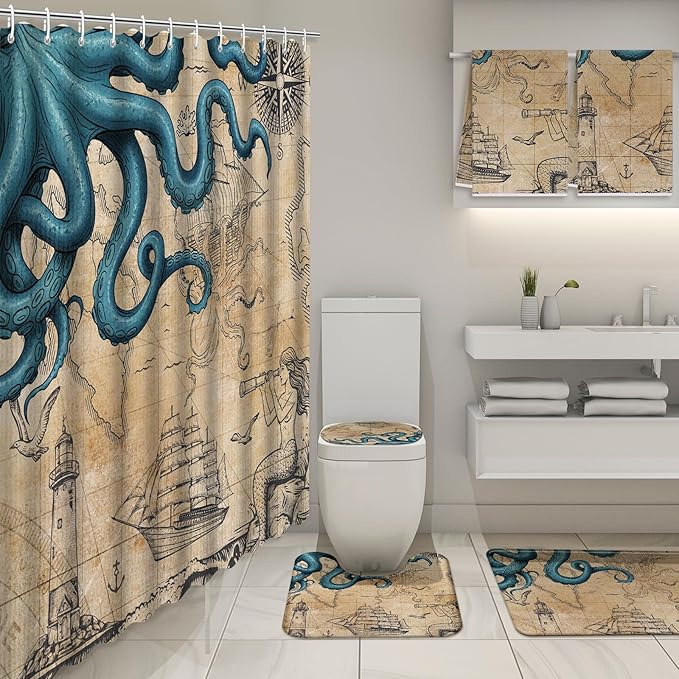 Nuanchu 6 Pcs Vintage Nautical Octopus Shower Curtain Set with Rug Retro Coastal Bathroom Set with Shower Curtain Bath Mat U Shaped Mat Toilet Lid Cover 2 Bath Towels and 12 Hooks Ocean Bathroom Decor