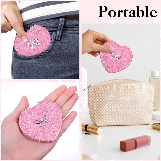 Qianyu Compact Folding Mirror Heart Shaped Double-Sided 1X/2X Magnifying Mirror Cute Mini Glitter Makeup Mirror with PU Leather Ultra-Portable Cosmetic Mirror for Women Home Office Travel (Rose red)