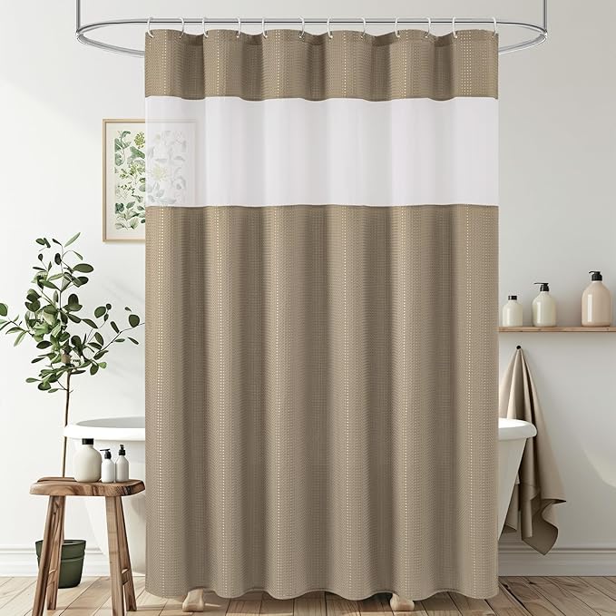 UFRIDAY Moka Waffle Weave Shower Curtain 72x72 inch, Spa Like Hotel Style Bath Curtain with Mesh Top Window, Heavy Duty Thick Fabric Shower Curtain for Bathroom, Machine Washable Water Resistant