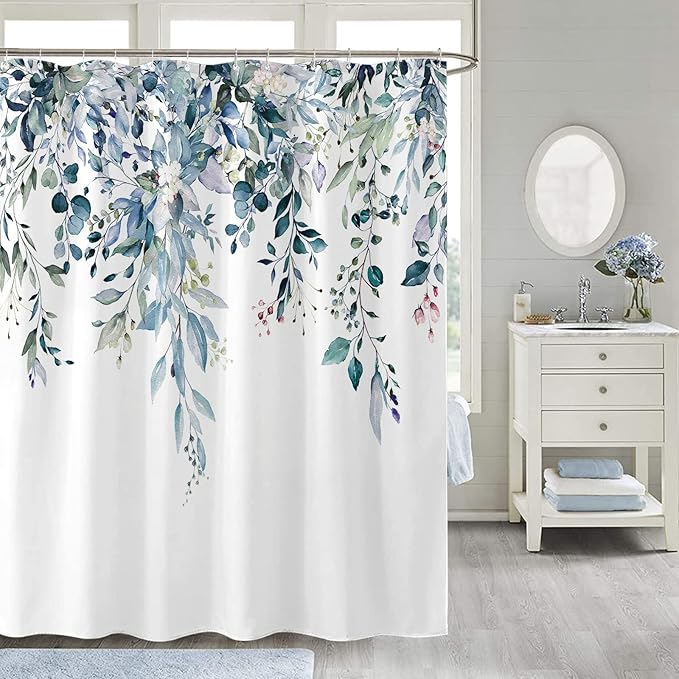 kampdream Teal Blue Plant Shower Curtain, Watercolor Eucalyptus Leaves On The Top Botanical Bathroom Shower Curtain 72 ×72 Inch