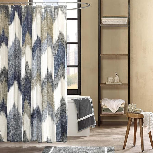 Ink+Ivy Alpine Shower Curtain Cotton Printed Modern Abstract Pattern Machine Washable Home Bathroom Decorations, 72x72, Navy