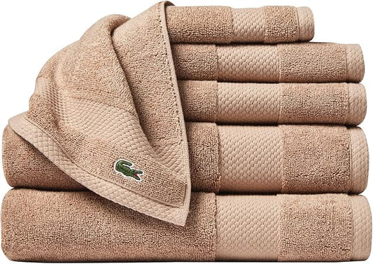 Lacoste Heritage Anti-Microbial Supima Cotton 6-Piece Towel Set, 2 Bath Towels, 2 Hand Towels, 2 Washcloths, Sand – Highly Absorbent & Quick Drying, Bathroom Essential, Machine Washable