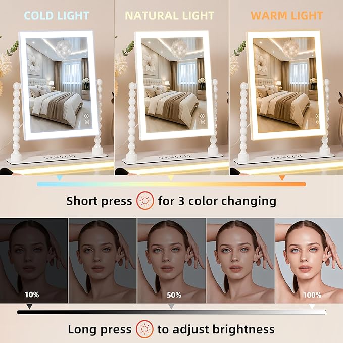 Vanity Makeup Mirror with Lights 9”x12” Hollywood Mirror with Music Speaker Dimmable 3 Color Lighting Light up Mirror with 10X Magnification 360 Degree Rotation for Bedroom Bathroom
