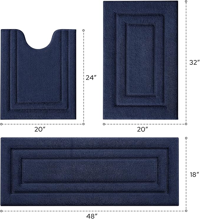 HOMEIDEAS Bathroom Rugs Sets 3 Piece, Microfiber Shaggy Bath Mat Set, Non-Slip Ultra Soft Carpet Mats, Large Rugs with U-Shaped Toilet for Bathroom, Tub, Shower,Navy Blue