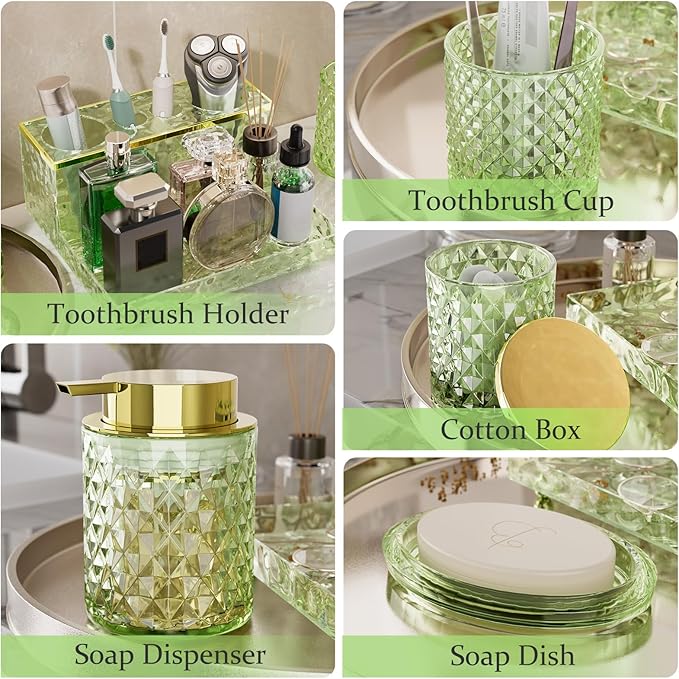 Glass Bathroom Accessories Set 5Pcs Crystal - Foaming Soap Dispenser, Soap Dish, Cup, Acrylic Toothbrush Holder with Tray Organizer, Qtip Jar, Bathroom Counter Set Sink Decor (Green)