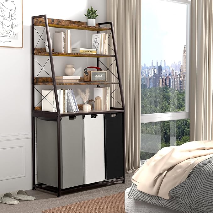 Herture Laundry Basket, 3 Section Laundry Hamper with 4 Tiers Shelf, Pull-Out and Removable Laundry Bags, Large 3 x 15.87 Gallons, for Laundry Room Bathroom Rustic Brown PF05XLN