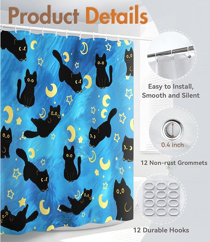 MAMUSE Shower Curtain for Bathroom - Cute Aesthetic Decorative Modern Girly Unique Girls Design Pretty Women Waterproof Fabric Cloth Cortinas de Baño Bathtub 72 x 72 Inch, Black Cat