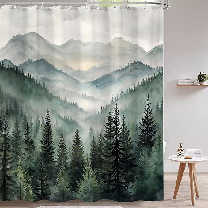 Accnicc Forest Mountain Shower Curtain Dark Green Nature Misty Pine Tree Shower Curtains for Bathroom Foggy Rustic Woodland Decorative Waterproof Fabric Bath Curtain Decor 72×84 Inches