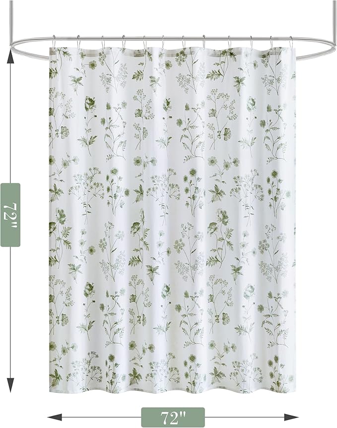 Martha Stewart Martha's Garden Shower Curtain Botanical Floral Print Cotton Shower Curtain for Bathroom, Spa Quality Modern Shower Curtains Standard Size, 72x72 Sage Green