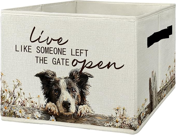 Border Collie Gifts Storage Bins with Handles, Rustic Farmhouse Dog Foldable Basket for Organizing, Live Like Someone Left the Gate Open Collapsible Storage Basket for Bedroom Bathroom