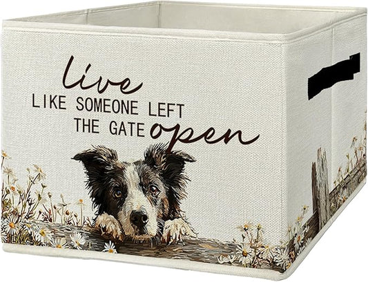 Border Collie Gifts Storage Bins with Handles, Rustic Farmhouse Dog Foldable Basket for Organizing, Live Like Someone Left the Gate Open Collapsible Storage Basket for Bedroom Bathroom