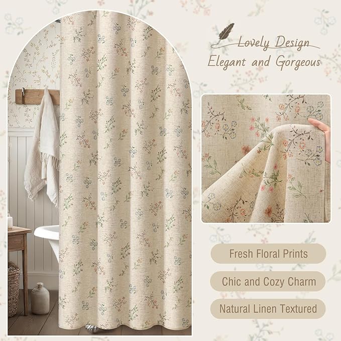 Floral Vintage Linen Shower Curtain, French Country Shower Curtains for Bathroom, 72Wx84H