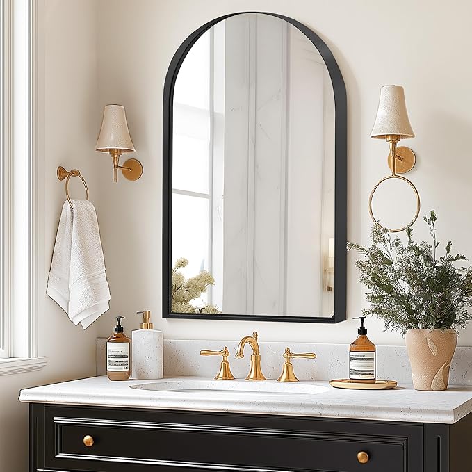 SogesHome Arched Medicine Cabinet with Mirror, 24"x36" Modern Recessed Mirror Cabinet, Wall Mount Decro Vanity Mirror with Storage with 2 Shelves Perfect for Bathroom, Black