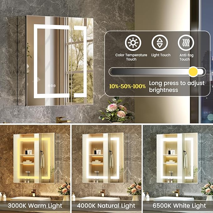 24x26 Inch Bathroom Medicine Cabinet with Mirror, Lighted Bathroom Mirror with Storage, Recessed /Surface Mount Medicine Cabinet with Socket & USB, Anti-Fog, 3 Colors Temperature, Dimmable Light
