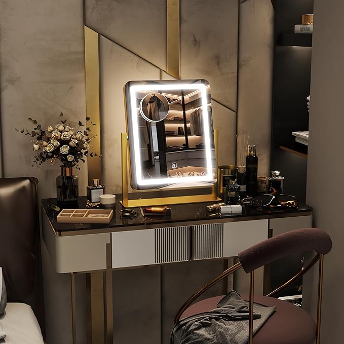 15" x13" Vanity Mirror with Lights, LED Makeup Mirror with Lights, 10X Magnification Mirror with 360°Rotation, 3 Color Modes ＆ Dimmables,Light up Makeup Mirror for Vanity Desk, Travel,Gold