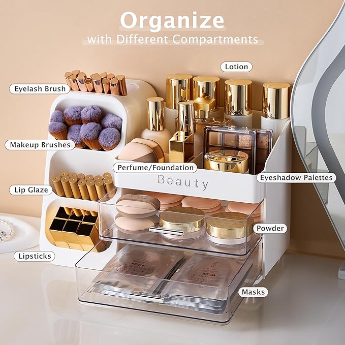 Makeup Organizer for Vanity with Brush Holder, Countertop Makeup organizer with Drawers for Skincare, Cosmetics, Perfumes, Eyeshadow Palettes, Spacious Cosmetic storage organizer