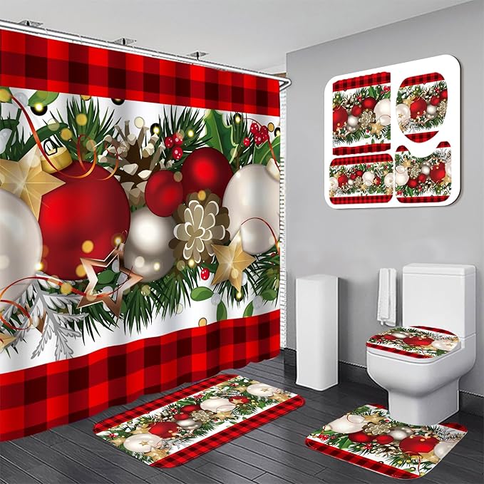Drydiet 4 Pcs Christmas Bathroom Sets Christmas Ball Shower Curtain Set with Non Slip Rug Toilet Lid Cover Bath Mat with 12 Hooks Red Black Buffalo Check Plaid Xmas Bathroom Shower Decor 71 x 71 Inch