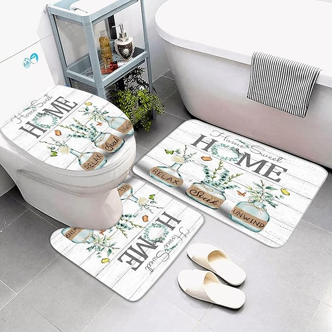 ALEXEX 4 PCS Green Eucalyptus Shower Curtain Sets,Home Sweet Bathroom Set with Shower Curtain and Rugs and Accessories,Farmhouse Country Shower Curtain Bathroom Decor with 12 Hooks,72 X 72 Inches