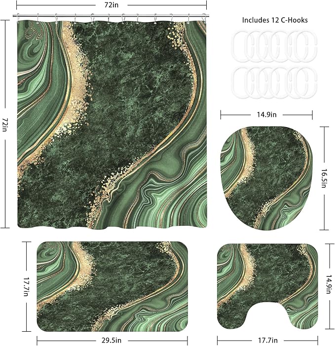 4PCS Sage Green Marble Shower Curtain Sets with Rugs, Luxury Bathroom Sets with Shower Curtain and Rugs, Abstract Bathroom Curtains Shower Set with Toilet Lid Cover for Bathroom Decor