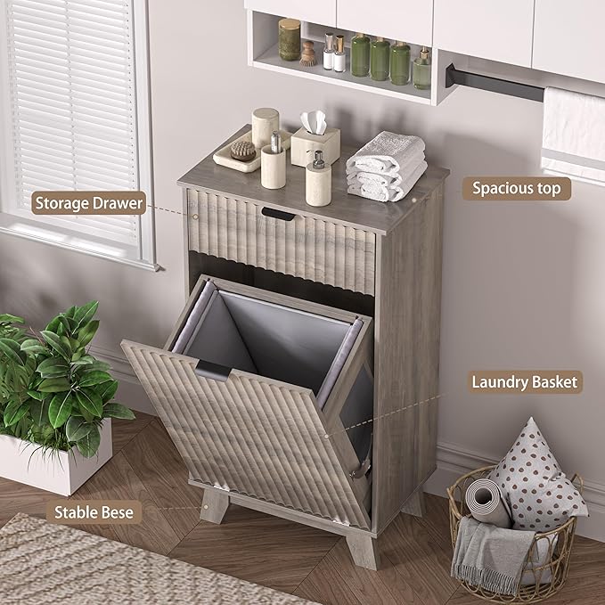 Wodeer Tilt Out Laundry Hamper Cabinet with Storage and Drawer, 10 Gallon Fluted Hidden Trash Can Cabinet, Farmhouse Wood Laundry Basket Cabinets for Bathroom, Kitchen, Grey