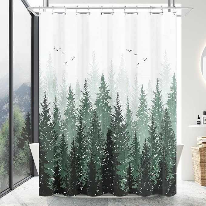 Hokibero Dark Green Misty Forest Mountain Nature Tree Fabric Shower Curtains for Bathroom Waterproof Heavy Duty Green and White Woohitedland Shower Curtain Bathtubs Hotel, 72 x 72 inch
