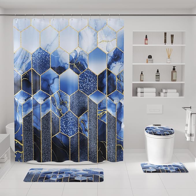 XLHOMO Bathroom Sets with Shower Curtain and Rugs - 4PC Navy Blue Geometric Shower Curtain Set with 12 Hooks, Toilet Cover, U-Shaped Mat and Rugs Modern Abstract Bathroom Accessories for Bathroom