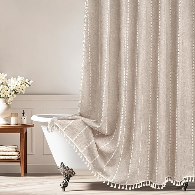 Boho Farmhouse Shower Curtain Heavyweight with Tassels, 72 x 84 Inch Extra Long Taupe Linen Textured Fabric Shower Curtain for Bathroom, Tan and White Striped Bath Décor Curtain Water Repellent
