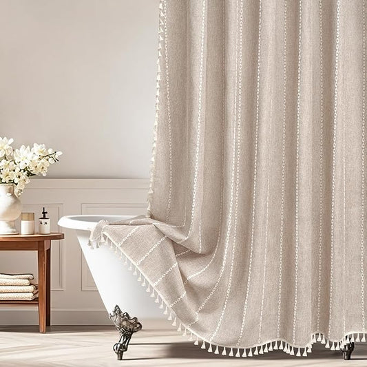 Boho Farmhouse Shower Curtain Heavyweight with Tassels, 72 x 84 Inch Extra Long Taupe Linen Textured Fabric Shower Curtain for Bathroom, Tan and White Striped Bath Décor Curtain Water Repellent